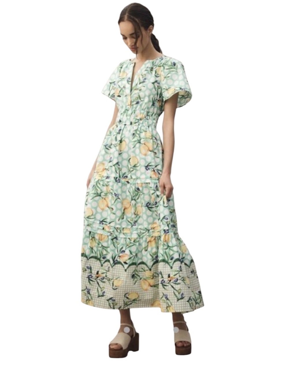 Anthropologie Somerset Puff-Sleeve Maxi Dress in Yellow & Green